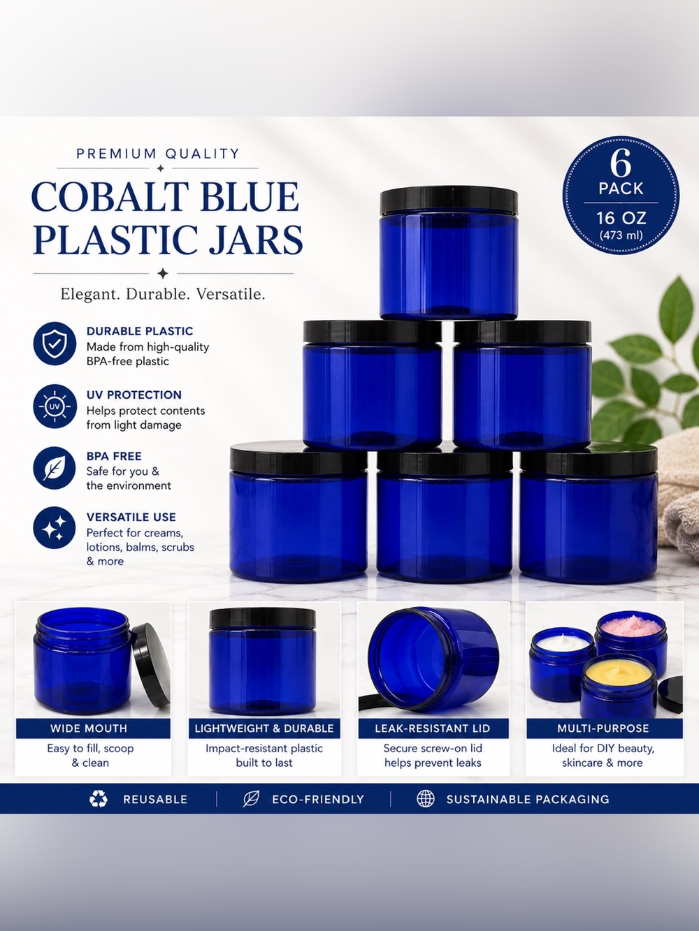 16oz Cobalt Blue Plastic Cosmetic Jars with Black Screw Lids - Set of Six